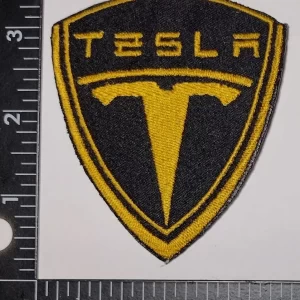TESLA Gold on Black Shield 7 cmx8.4cm Logo Sew Ironed On Badge Embroidery Patch