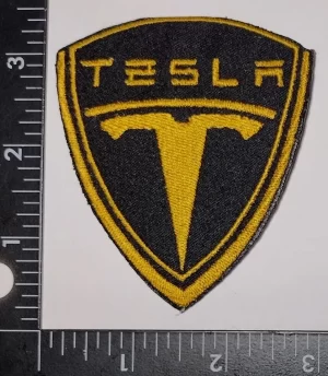 TESLA Gold on Black Shield 7 cmx8.4cm Logo Sew Ironed On Badge Embroidery Patch